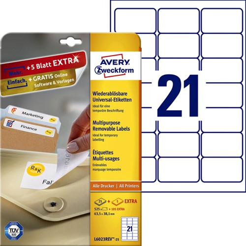 Etiket Avery L6023REV-25 63.5x38.1mm afneembaar wit 525stuks