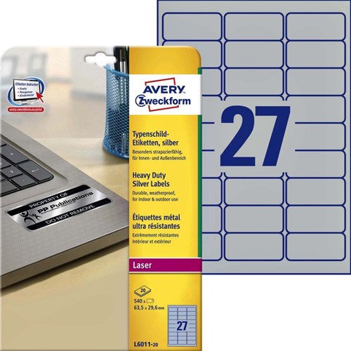 Etiket Avery L6011-20 63.5x29.6mm zilver 540 stuks