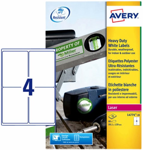 Etiket Avery L4774-20 99.1x139mm polyester wit 80 stuks