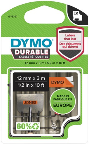 Labeltape Dymo Durable 1978367 12mmx3m zwart op oranje