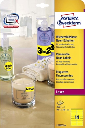 Etiket Avery L7263Y 99.1x38.1mm neon geel 350stuks