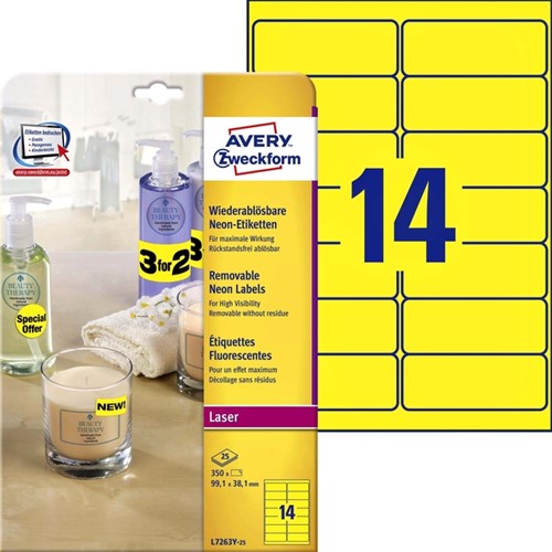 Etiket Avery L7263Y-100 99.1x38.1mm neon geel 1400 etiketten