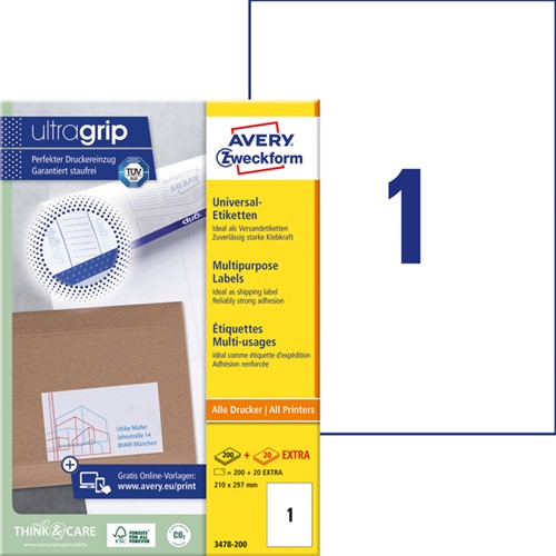 Etiket Avery Zweckform 3478 210x297mm A4 wit 200stuks-2