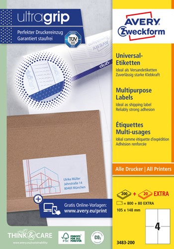 Etiket Avery Zweckform 3483 105x148mm A6 wit 800stuks