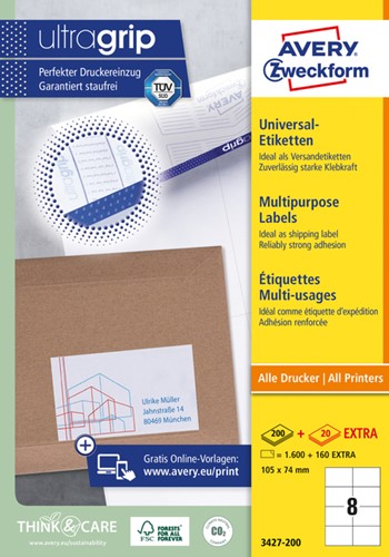 Etiket Avery Zweckform 3427 105x74mm wit 1600stuks