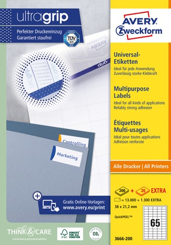 Etiket Avery 3666-200 38x21.2mm wit 13000 stuks