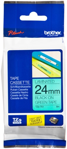 Labeltape Brother P-touch TZE-751 24mm zwart op groen