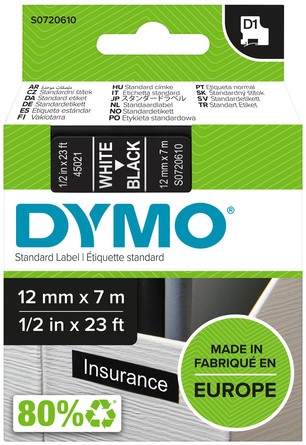Labeltape Dymo 45021 D1 720610 12mmx7m wit op zwart