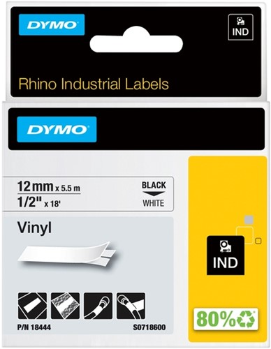 Labeltape Dymo Rhino industrieel vinyl 12mm zwart op wit