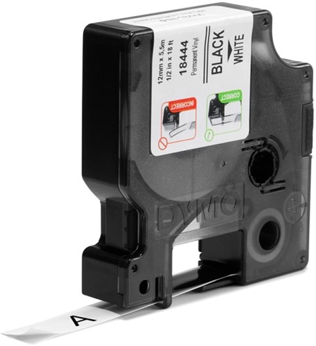 Labeltape Dymo Rhino 18444 vinyl 12mmx5.5m zwart op wit-2