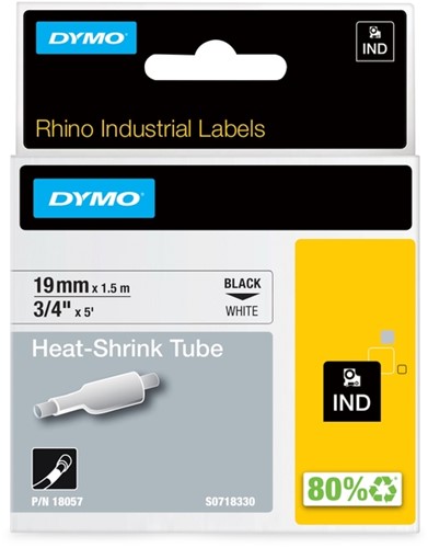 Labeltape Dymo Rhino 18057 krimpkous 19mmx1.5m zwart op wit