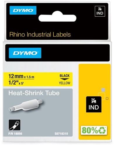Labeltape Dymo Rhino 18056 krimpkous 12mmx1.5m zwart op gl