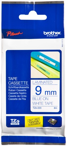 Labeltape Brother P-touch TZE-223 9mm blauw op wit