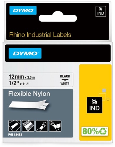 Labeltape Dymo Rhino 18488 nylon 12mmx3.5m zwart op wit