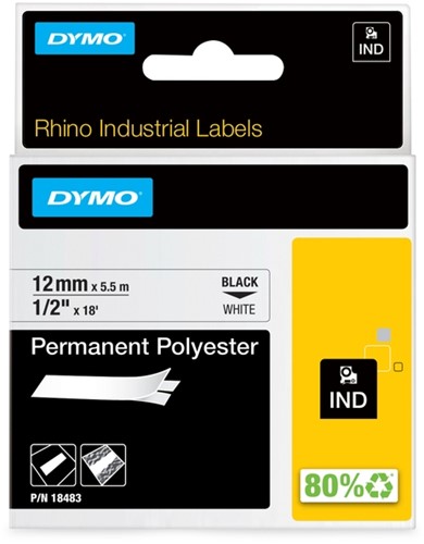Labeltape Dymo Rhino 18483 polyester 12mmx5.5m zwart op wt