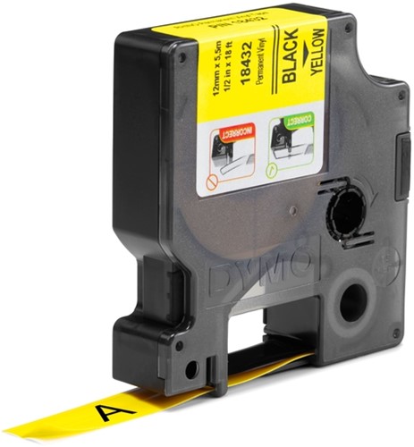 Labeltape Dymo Rhino 18432 12mmx5.5m vinyl zwart op geel-2
