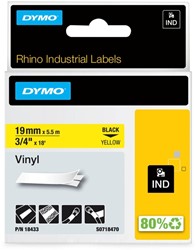 Labeltape Dymo Rhino 18433 vinyl 19mmx5.5m zwart op geel