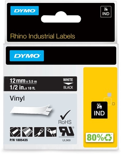 Labeltape Dymo Rhino 18054 vinyl 12mmx5.5m wit op zwart