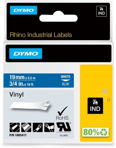 Labeltape Dymo Rhino 18054 19mmx5.5m vinyl wit op blauw