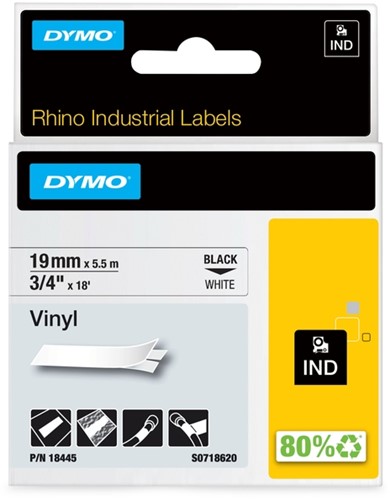 Labeltape Dymo Rhino 18445 vinyl 19mmx5.5m zwart op wit