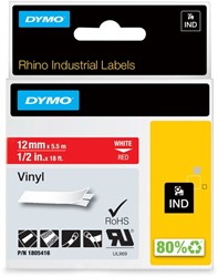 Labeltape Dymo Rhino 18054 vinyl 12mmx5.5m rood op wit