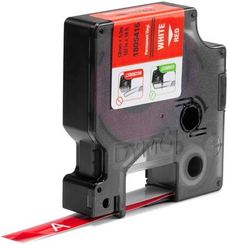 Labeltape Dymo Rhino 18054 vinyl 12mmx5.5m rood op wit-2
