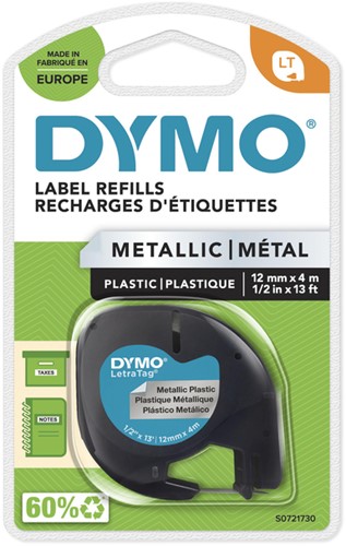 Labeltape Dymo Letratag 91208 metallic 12mm zwart op zilver