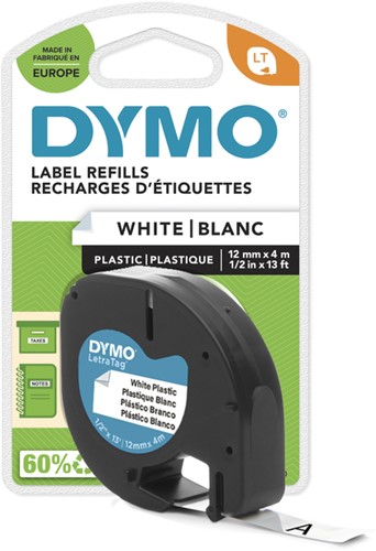 Labeltape Dymo Letratag 91201 plastic 12mm zwart op wit