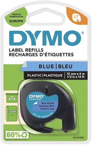 Labeltape Dymo Letratag 91205 plasticl12mm zwart op blauw