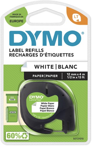 Labeltape Dymo Letratag 91200 papier 12mm zwart op wit