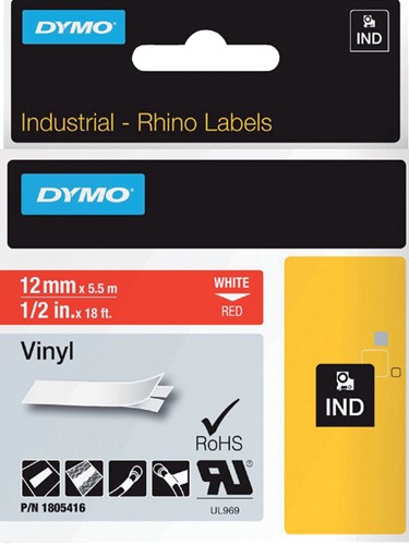 Labeltape Dymo Rhino 18054 vinyl 12mmx5.5m rood op wit