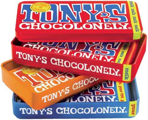 Chocolade Tony's Chocolonely reep 180gr in blik puur-melk en karamel zeezout-2
